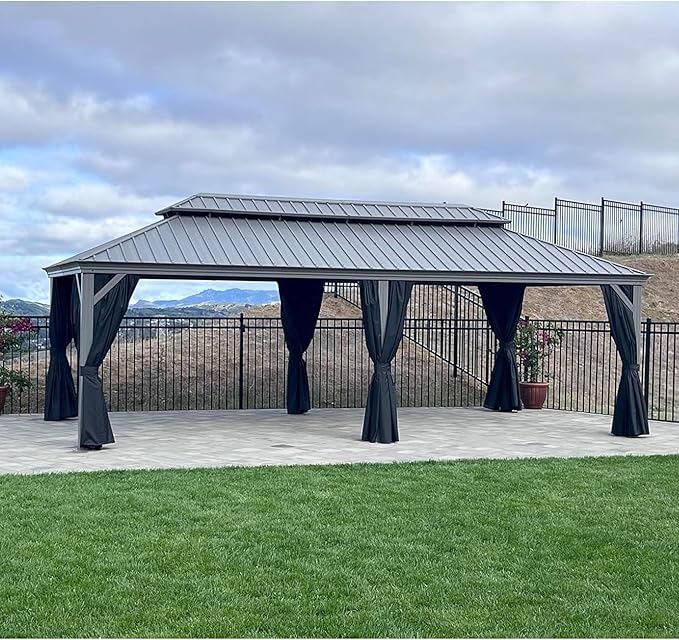 PURPLE LEAF 12' x 24' Outdoor Hardtop Gazebo with Netting and Curtains Galvanized Steel Double Roof and Aluminum Frames Permanent Wind Resistance Pavilion Gazebo for Patio Deck Garden, Light Grey