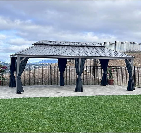 PURPLE LEAF 12' x 24' Outdoor Hardtop Gazebo with Netting and Curtains Galvanized Steel Double Roof and Aluminum Frames Permanent Wind Resistance Pavilion Gazebo for Patio Deck Garden, Light Grey
