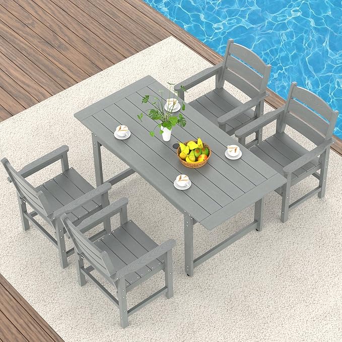 5-Piece HIPS Patio Dining Set, Outdoor Dining Table and Chairs Set with Umbrella Hole, Weatherproof Dining Table Set for 4 Person, Patio Furniture Set for Outside Deck, Grey