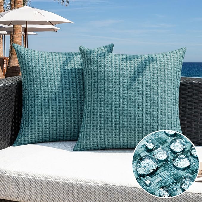 Kevin Textile Outdoor Waterproof Throw Pillow Covers Pack of 2 Farmhouse Decorative Cushion Covers for Garden Patio Tent Balcony Bench Couch Sofa 24x24 Inch, Teal