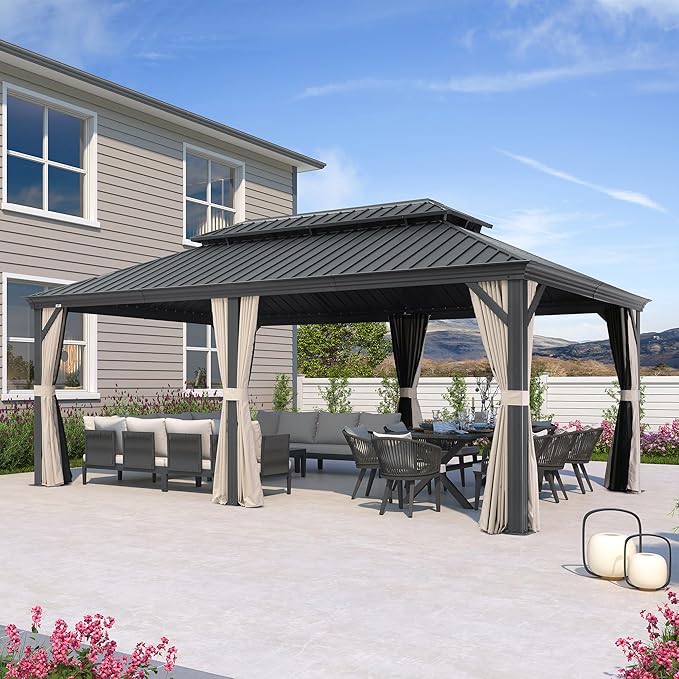 PURPLE LEAF 12' X 20' Hardtop Gazebo with Galvanized Steel Double Roof Aluminum Metal Gazebo for Patio Lawn and Garden Included Netting and Beige Curtains