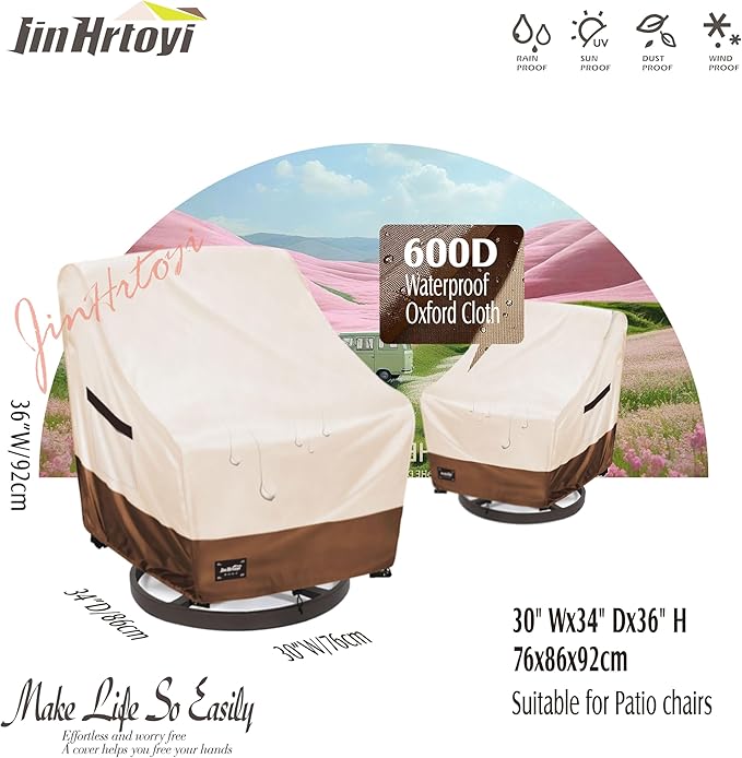 Outdoor Chair Covers 2 Pack, (30W x34D x38H inches)100% Waterproof Heavy Duty Patio Furniture Covers ,Outdoor Furniture Covers Waterproof for Patio Chair Covers,Beige&brown