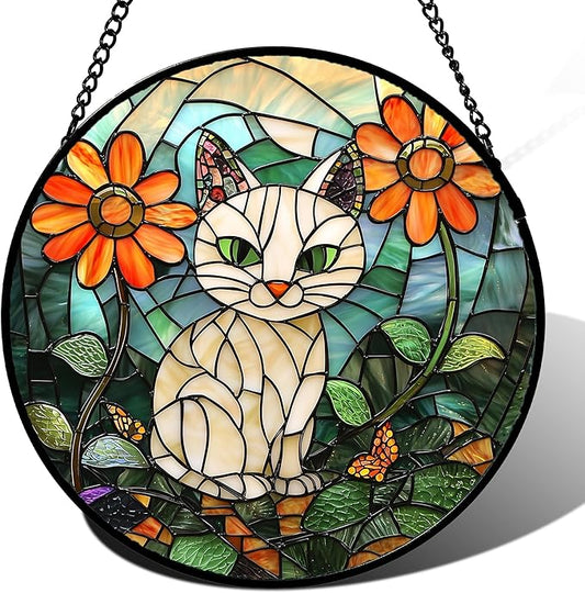 Stained Glass Window Hanging - White Cat Green Plants Orange Flowers Sun Catcher for Door Garden Home Decor Suncatcher Christmas Mother's Day Birthday Gifts for Women Men Mom Nana 7.8 in
