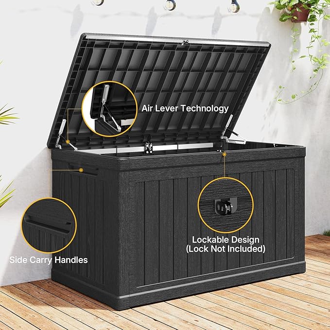 230 Gallon Deck Box, Outdoor Storage Box Waterproof and UV Resistant, Patio Storage Box Lockable Large, 440 lbs Load Capacity for Garden, Patio, Pool (Black)