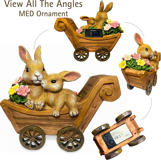 PRETMANNS Solar Rabbit Garden Statue - Mother & Baby Bunny Outdoor Decor with LED Lights for Patio, Yard Ornament & Gifts for Women & Mom - Medium