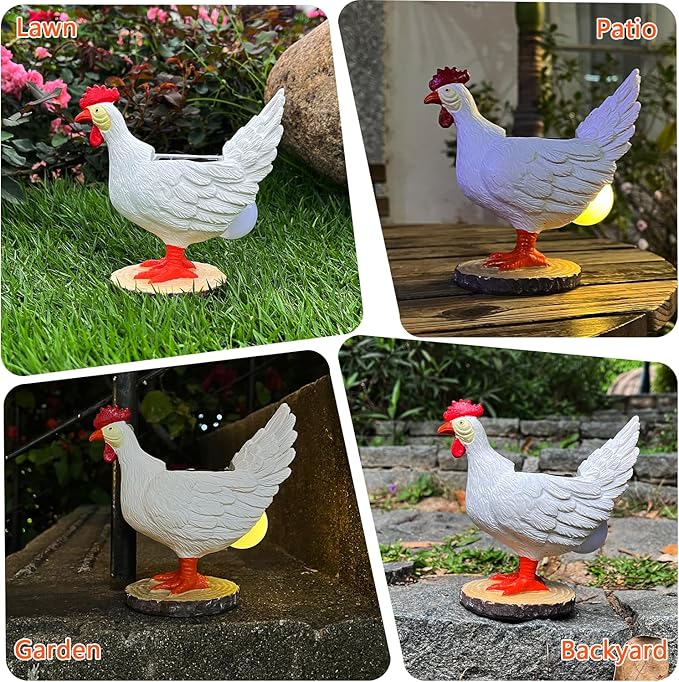 Solar Garden Statues Outdoor Decor - Miniature Chicken Egg Lamp Figurine Thanksgiving Decorations Chickens Lights with Egg in Butt LED 3D Sculpture for Patio, Lawn - Unique Christmas Housewarming Gift