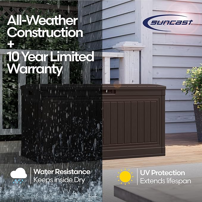 Suncast 80-Gal. Waterproof Resin Large Outdoor Patio Deck Box with Pad-Lockable Lid, Modern Outdoor Patio Bench/Storage Box for Cushions, Garden Tools, and More, Java