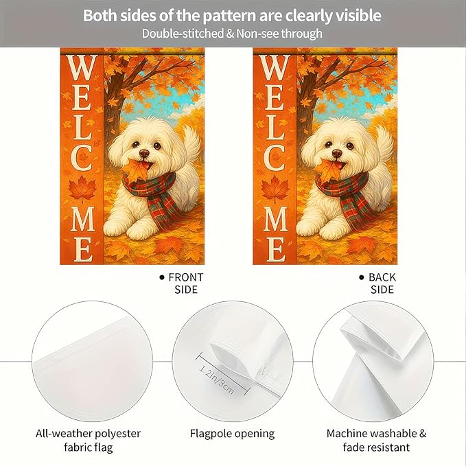 Thanksgiving Fall Garden Flag 12x18 Inch Welcome Bichon Frise Dog Outdoor Flag Double Sided Autumn Puppy Yard Banner with Plaid Scarf and Leaves Decor for Porch Lawn Patio