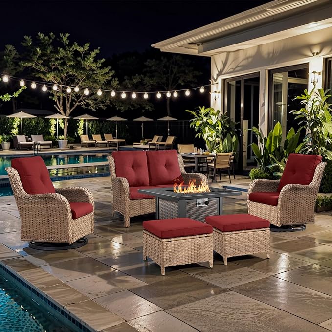 6 Pieces Patio Furniture Set with Fire Pit Table, Wicker Rattan Outdoor Furniture Set with Loveseat and Swivel Chairs for Yard, Deck, Garden, Yellow Wicker/Red Cushion