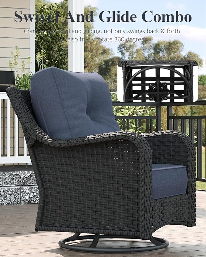 LayinSun 7 Piece Wicker Outdoor Furniture Set with 6-inch Comfy Cushions, High Back Patio Furniture Set with Swivel Rocking Chairs and Fire Pit Table