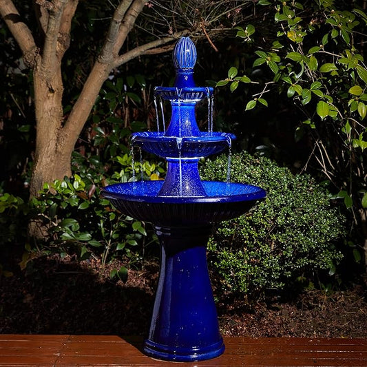 Glitzhome Outdoor Fountain and Waterfalls 3 Tier Patio Fountains, 45.25" H Ceramic Water Fountain with Pump & LED Light Garden Outdoor Floor Stand Fountains for Backyard Deck Lawn Porch, Cobalt Blue