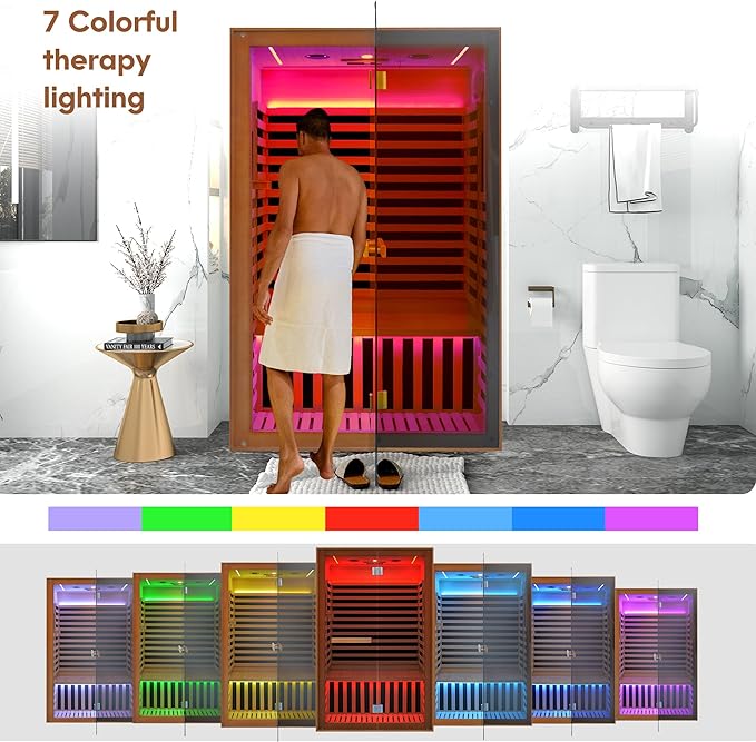 Far Infrared Sauna Home Sauna Indoor Sauna for 2 Person, 7 Color LED Dry Sauna Room with Low EMF 1950W for Home Gym, Canadian Hemlock Wood