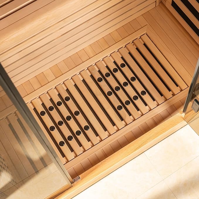 Woodbridge Infrared Home Sauna Room 2 Person Hemlock Wooden Indoor Sauna,7 Carbon 2230W/120V Heaters,with Led Color Therapy Light,Bluetooth Speaker,Tempered Glass,Touch-Tone Keypad and A Top Vent