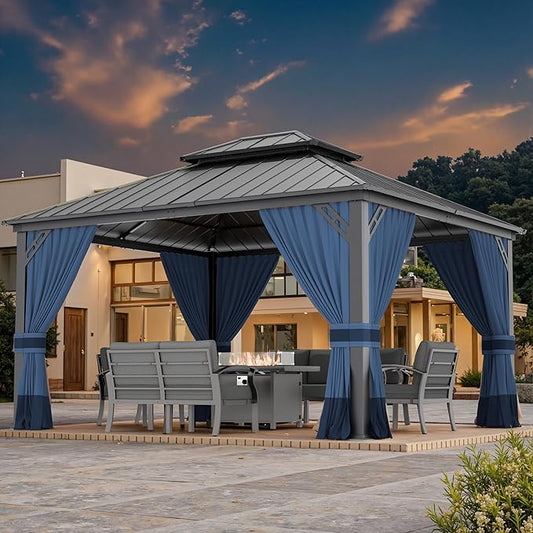 12x14ft Hardtop Gazebo Double Roof, Outdoor Pavilion with 2-Layer Hard top Galvanized Iron Frame Garden Tent, Suitable for courtyards, backyards, Decks, and Grass