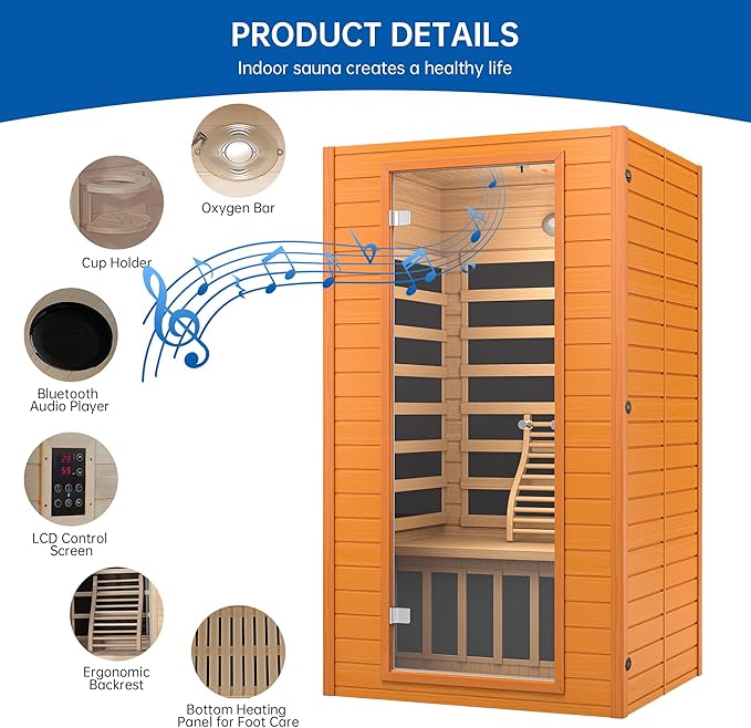 Infrared Sauna Room for Home, Near Zero EMF Indoor Home Sauna for up to 2 Person with Infrared Red Light Therapy, Bluetooth Speakers, Canadian Hemlock Wood
