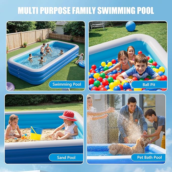 Inflatable Pool for Kids and Adults, 142" x 71" x 21" Blow Up Pools, Rectangular Family Swimming Pool