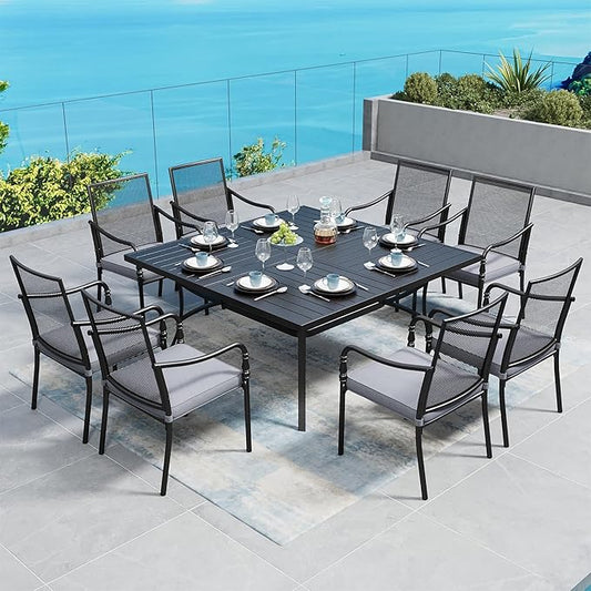 Patio Table and Chairs Set of 8, All Weather Breathable Metal Mesh Patio Chair with Gourd-Shaped Armrests, 60x60 Square Table with Umbrella Hole, 9 Pcs Metal Frame Patio Dining Set