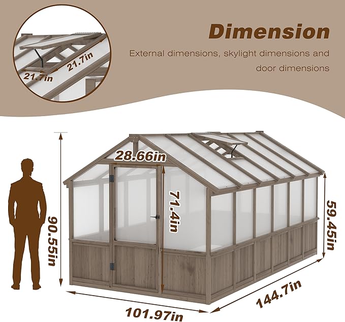 8x12 FT Greenhouse Kit with 6MM Thick Polycarbonate Panel for Outdoor, Wooden Walk-in Green House with Adjustable Roof Vent and Lockable Door, Backyard, Garden, Light Mocha Brown