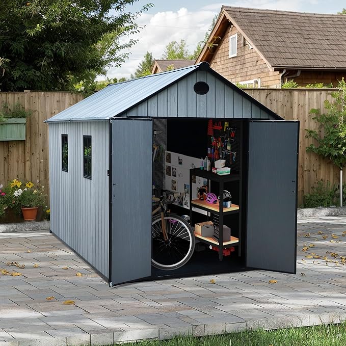 KIGOTY Outdoor Storage Shed, Weatherproof Tool Sheds Storage House with Lockable Doors, Windows and Sloping Roof, Outdoor Storage, Plastic Garden Shed for Backyard, Patio (7 X 9)