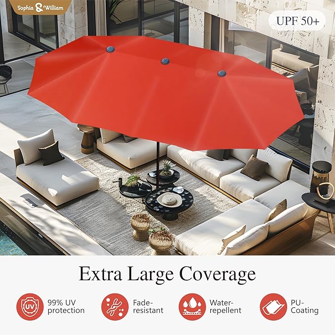 Sophia & William Patio Set with Umbrella Patio Dining Set for 6 with 13ft Rectangle Patio Umbrella Red, 6 x Patio Chairs Grey, 1 Wood Like Outdoor Dining Table with Umbrella Hole for Lawn Garden