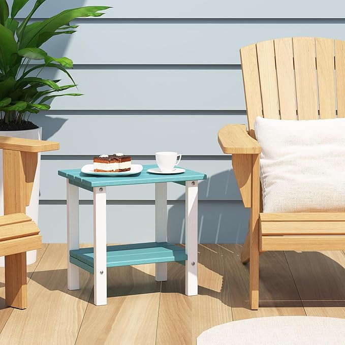 OTSUN Outdoor Side Table, 16 Inch Square Patio Table, All Weather Porch Table for Balcony, Backyard, Lawn, Indoor Outdoor Companion (Aruba Blue & White)