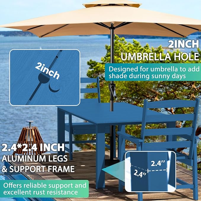 LOUNZY 7-Piece Outdoor Dining Set – 75.2" HDPE Table with 6 Chairs, Hole-Cut Design for Patio, Pool & Yard，Navy Blue