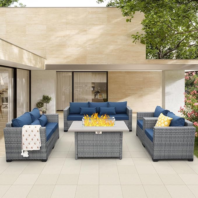 5 Piece Wicker Patio Furniture Sets Outdoor Conversation Set, PE Rattan Sectional Sofa Couch with 45" Fire Pit Table and Non-Slip Navy Blue Cushions, Furniture Covers Included
