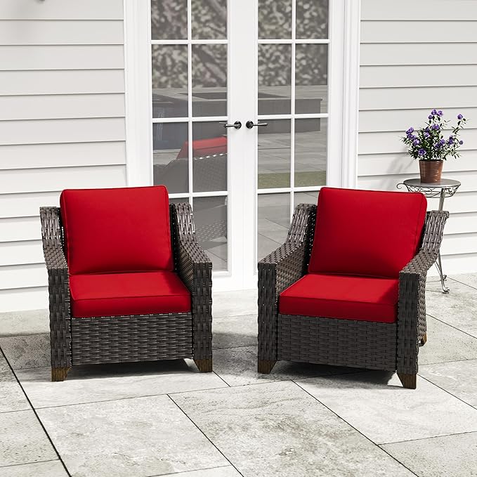 Patio 2 Pieces Chairs Set of 2 with Removable and Washable Covers，Outdoor PE Rattan Wicker Armchairs with Water-Resistant Cushions for Porch, Balcony, Sunroom (Red)