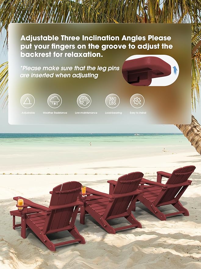 KINGYES Folding Adjustable Adirondack Chair with Retractable Ottoman Set of 6, HDPE All Weather Chair with Cup Holder - Versatile Adirondack Chair, Red