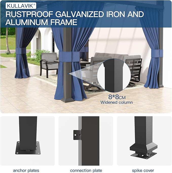 Kullavik 10' × 12' Hardtop Gazebo for Patio,Wall-Mounted Lean to Gazebo Pergola with Sloping Roof and Durable Aluminum Frame,Large Heavy Duty Awnings for Decks,Backyard,NavyBlue