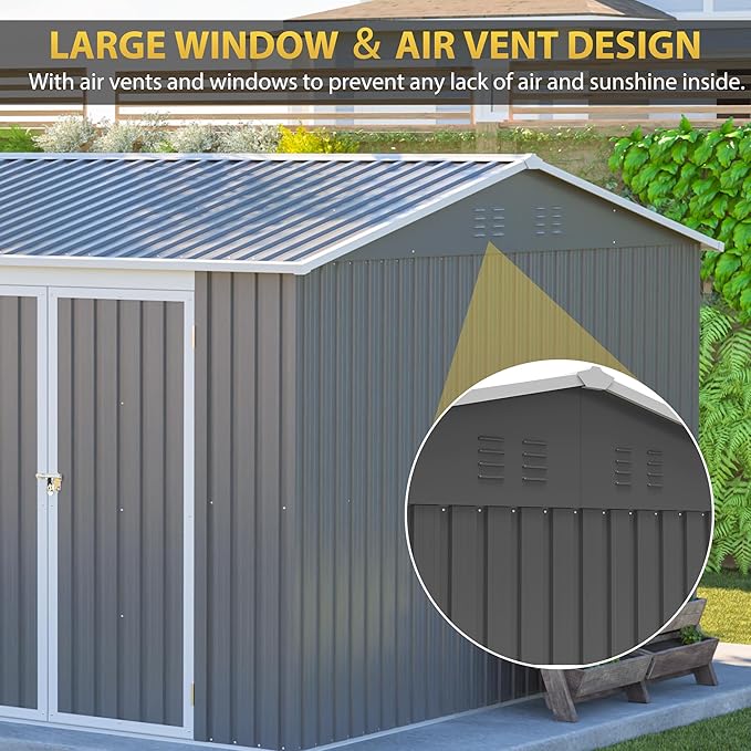 12x10 FT Outdoor Metal Storage Shed, Large Garden Tool Sheds with Lockable Doors, Waterproof Steel Utility Storage Building, Heavy Duty Equipment Shed for Backyard Patio Lawn Garden, Grey