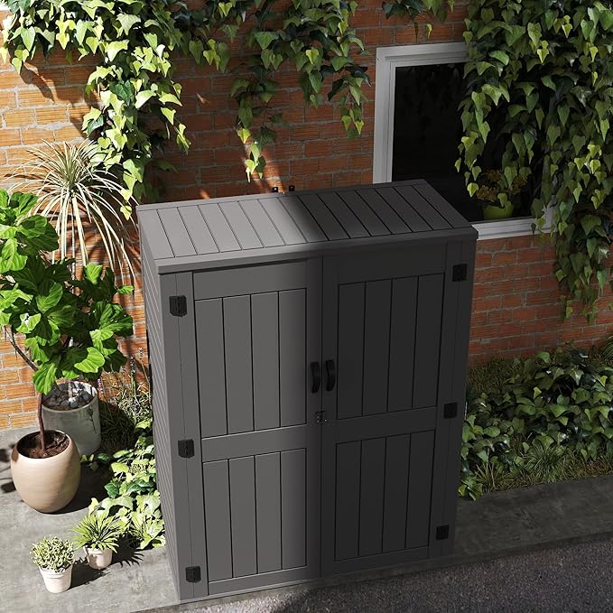 4.5 x 5.7 FT Outdoor Storage Shed, 59 Cuft Outside Waterproof Storage Cabinet, HDPE Resin Plastic 385 Gallon Outdoor Storage Container, Vertical Lockable Storage Shed, Grey