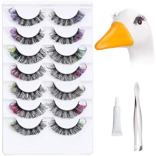 Geelin 7 Pcs Porch Goose Outfit Eyelash for 23/17'' Plastic Lawn Goose Statue Mink Fake Lashes with Color End 3D Salon Eyelashes Reusable for Lawn Patio Art Decoration