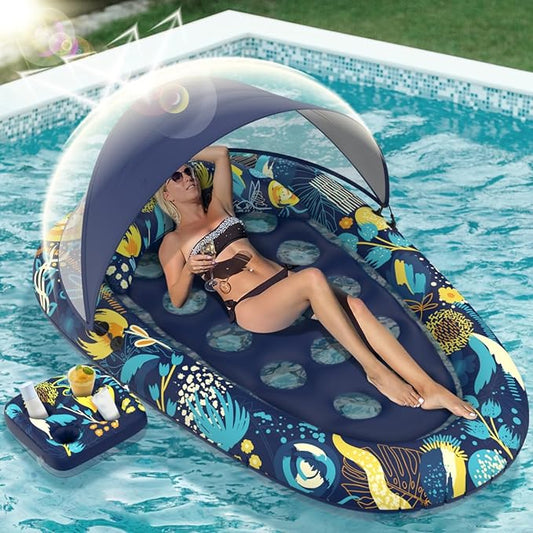 3-in-1 Pool Floats with Canopy Cup Holder, Large 73" x 48" Pool Floats Adults Heavy Duty, Inflatable Lounger Raft Floating Chair with Backrest, Swimming Pool Lake Beach Pool Party