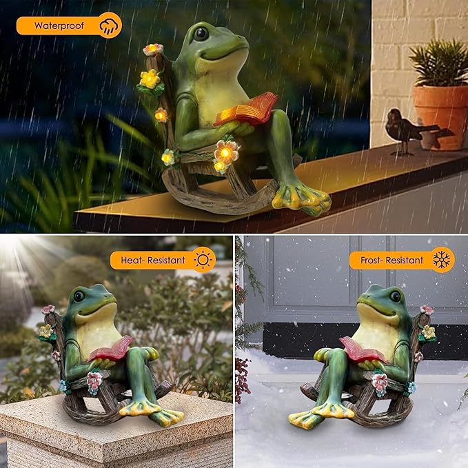 Solar Garden Statues Miniature Frog Figurine Thanksgiving Decor with Succulents and 7 LED Lights Outdoor for Patio Yard Balcony Lawn - Unique Housewarming Birthday Gifts for Women Mom Family Friends