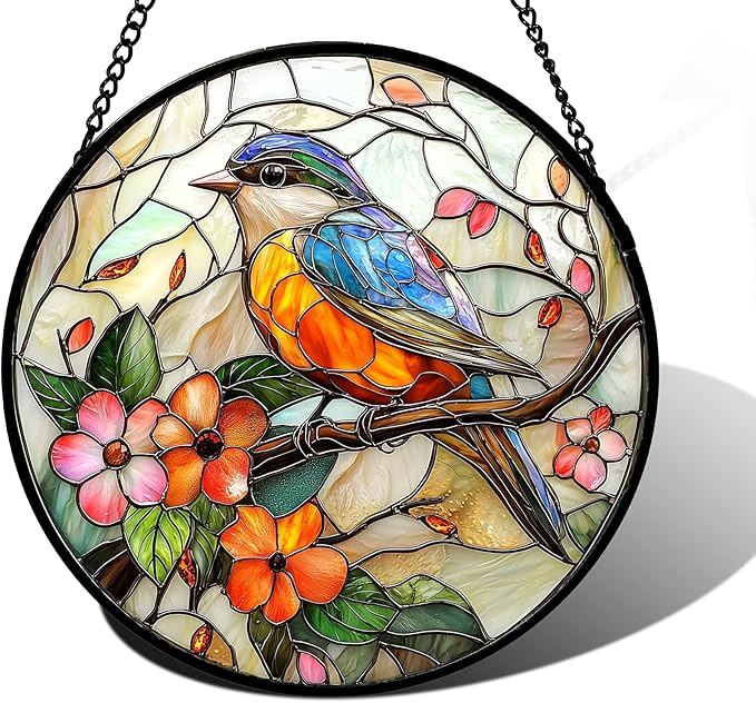 Stained Glass Window Hanging, Blue Bird Pink Flower Suncatcher Diamond Glass Panel Bird Sun Catchers Decor for Birthday for Women, Men, Wife, Aunt, and Mom 11.8x11.8 in