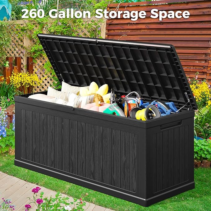 Lyromix 260 Gallon Outdoor Extra Large Resin Storage Box, Waterproof Deck Box Lockable & UV-Resistant, Outside Cushion Storage for Patio Furniture, Garden Tools, Pool Accessories, Black