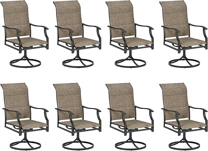 PHI VILLA Swivel Patio Dining Chair with 42" High Back, Padded Textilene Deep Seating Outdoor Chairs with Armrest & E-Coating Frame, All Weather-Resistant for Deck Lawn Garden, Set of 8
