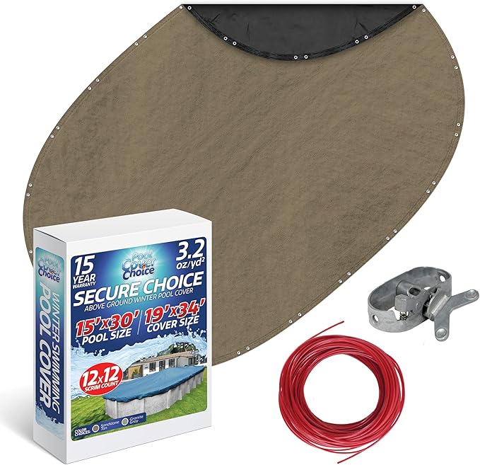 Winter Swimming Pool Cover for 15 ft x 30 ft Aboveground Oval Pool Size, Secure Choice Series, Solid Material, Color - Sandstone Tan, Pool Cover Choice 571530-4CHOICE