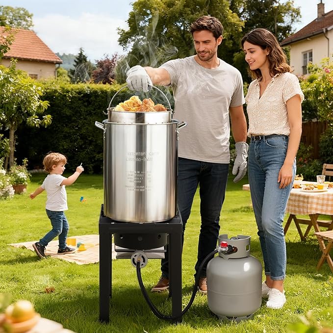 Outvita 30QT Turkey Fryer & 10QT Fish Fryer Kit w/ 55,000BTU Propane Stove, Aluminum Outdoor Deep Fryer & Seafood Boiler Steamer Gas Boiler, Gifts for Christmas Thanksgiving Day