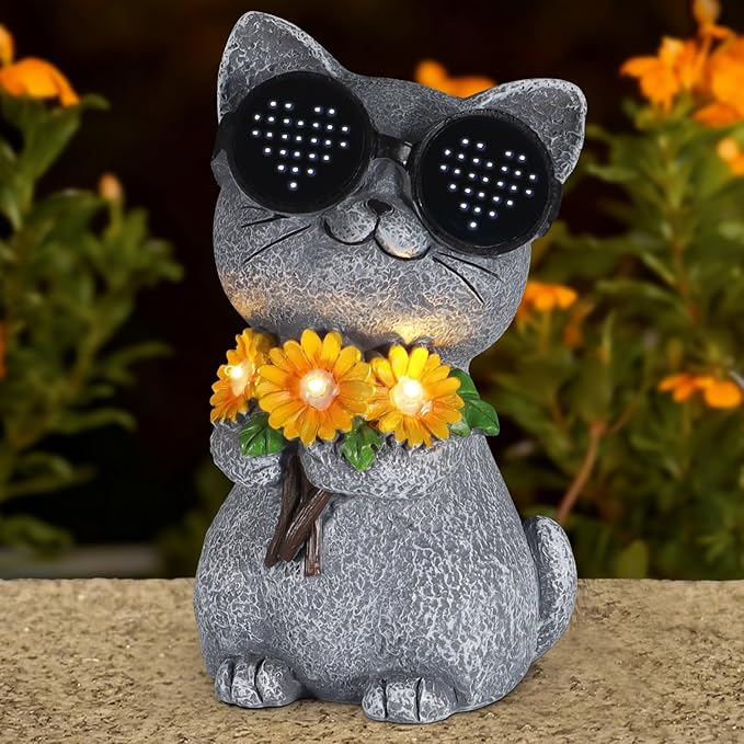Solar Garden Statues Cat with Daisy and LED Lights Birthday Gifts for Women Mom Grandma Solar Outdoor Decor for Patio Backyard Yard Lawn Decoration-Unique Housewarming Gifts