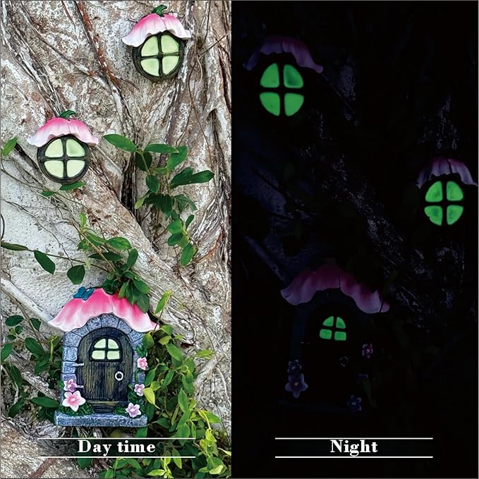 Fairy Garden Door and Windows for Trees,Resin Fairy House Kit,Glowing in The Dark,Miniature Accessories for Tree Stump, Outdoor Yard, Lawn, and Garden Decor.