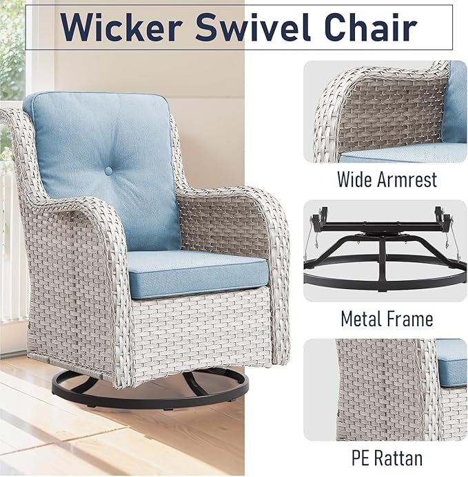6 Pieces Patio Furniture Set with Fire Pit Table, Wicker Rattan Outdoor Furniture Set with Loveseat and Swivel Chairs for Yard, Deck, Garden, Light Beige Wicker/Light Blue Cushion