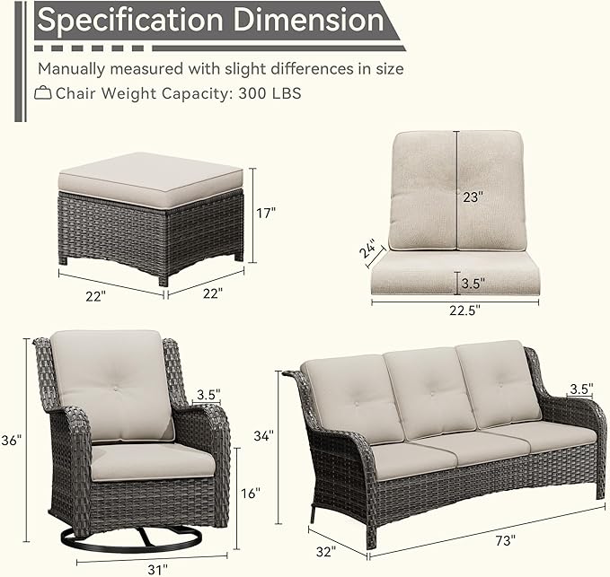 5 Pieces Outdoor Patio Furniture Set - Conversation Set Includes Wicker Swivel Rocker Chairs Set of 2, 2 Ottoman, 3 Seat Sofa, Suitable for Porch, Yard, Mixed Brown Rattan, Beige