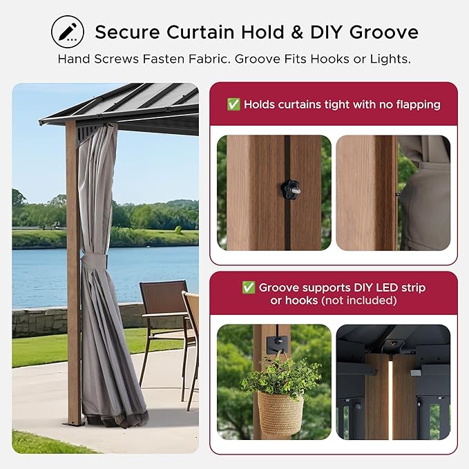 SUNJOY Kingston 10' x 10' Hardtop Gazebo with Galvanized Steel Double Roof, Curtain and Netting, Woodgrain Finish Aluminum Posts Permanent Pavilion Gazebo for Garden, Patio, Deck, Lawn