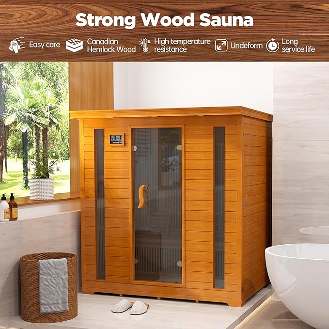 4 Person Far Infrared Sauna Indoor, Low EMF Wooden Sauna at Home with Bluetooth, Therapy Light, LCD Panel