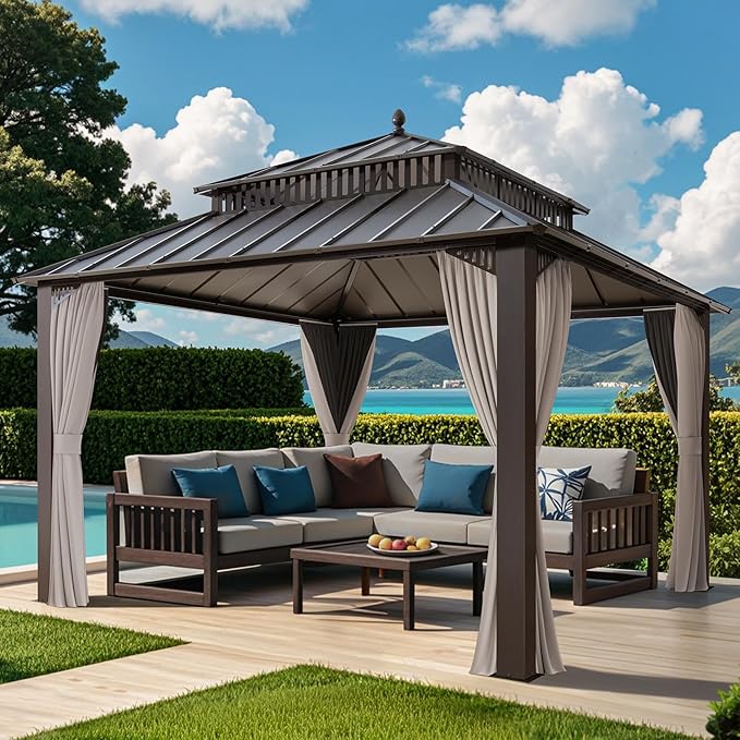 SUNJOY Kingston 12' x 12' Hardtop Gazebo with Galvanized Steel Double Roof, Curtain and Netting, Brown Aluminum Posts Permanent Pavilion Gazebo for Garden, Patio, Deck, Lawn