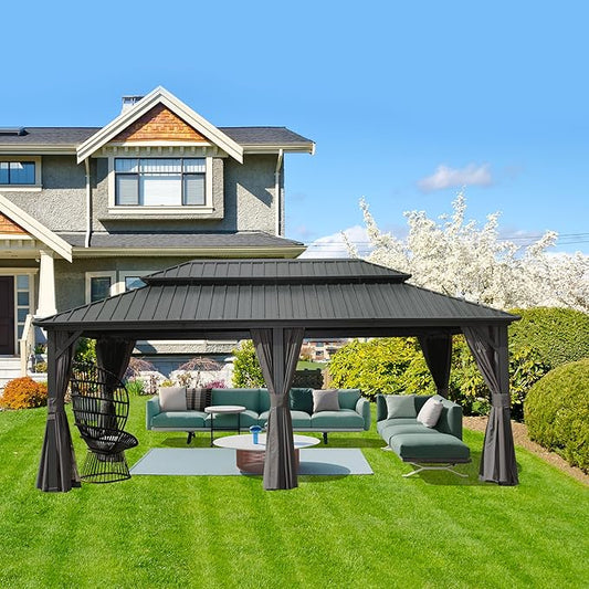 Domi Hardtop Gazebo 12x20FT, Aluminum Outdoor Gazebo with Galvanized Steel Double Roof Canopy, Curtains and Netting Included, Metal Gazebo Permanent Pavilion for Patio, Lawn, Garden, Gray