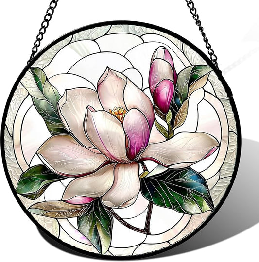 Stained Glass Window Hanging - Pink Magnolia Flower Petal Suncatcher for Doors Window Home Sun Catchers Decor Christmas Mother's Day Birthday Gifts for Teacher Women Men Mom Nana 11.8 in