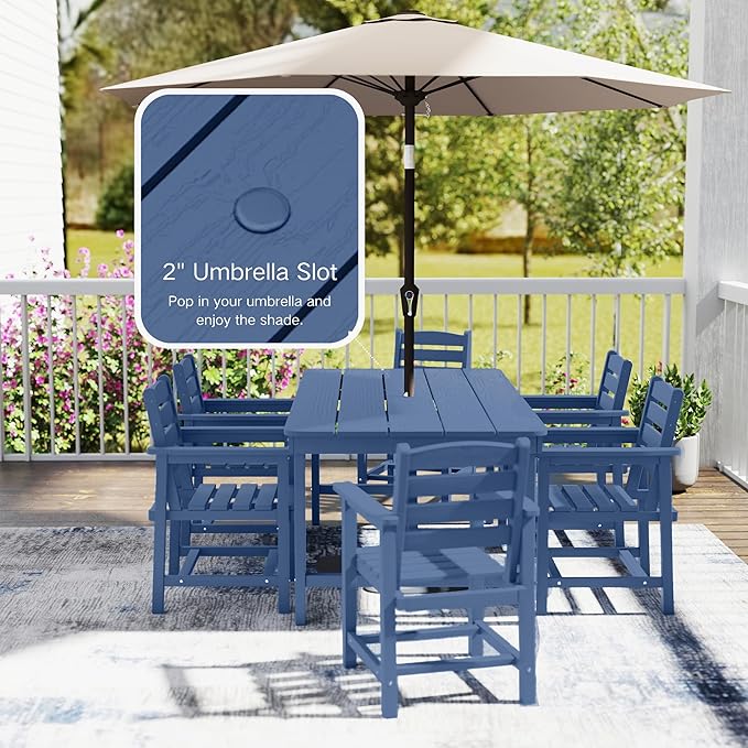 7 Piece Patio Dining Set with 11ft Patio Umbrella (Gray), 7 Navy Outdoor HDPE Dining Set with 6 Chairs + 1 Large Table with 2" Umbrella Hole, for Market, Pool, Garden, Backyard, Deck